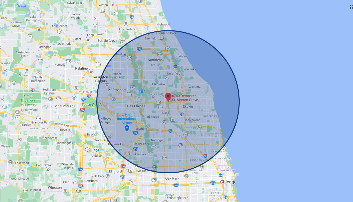 Map showing Marpeh Urgent Care location in Morton Grove, IL — serving nearby areas including Niles, Skokie, Glenview, Des Plaines, and Chicago