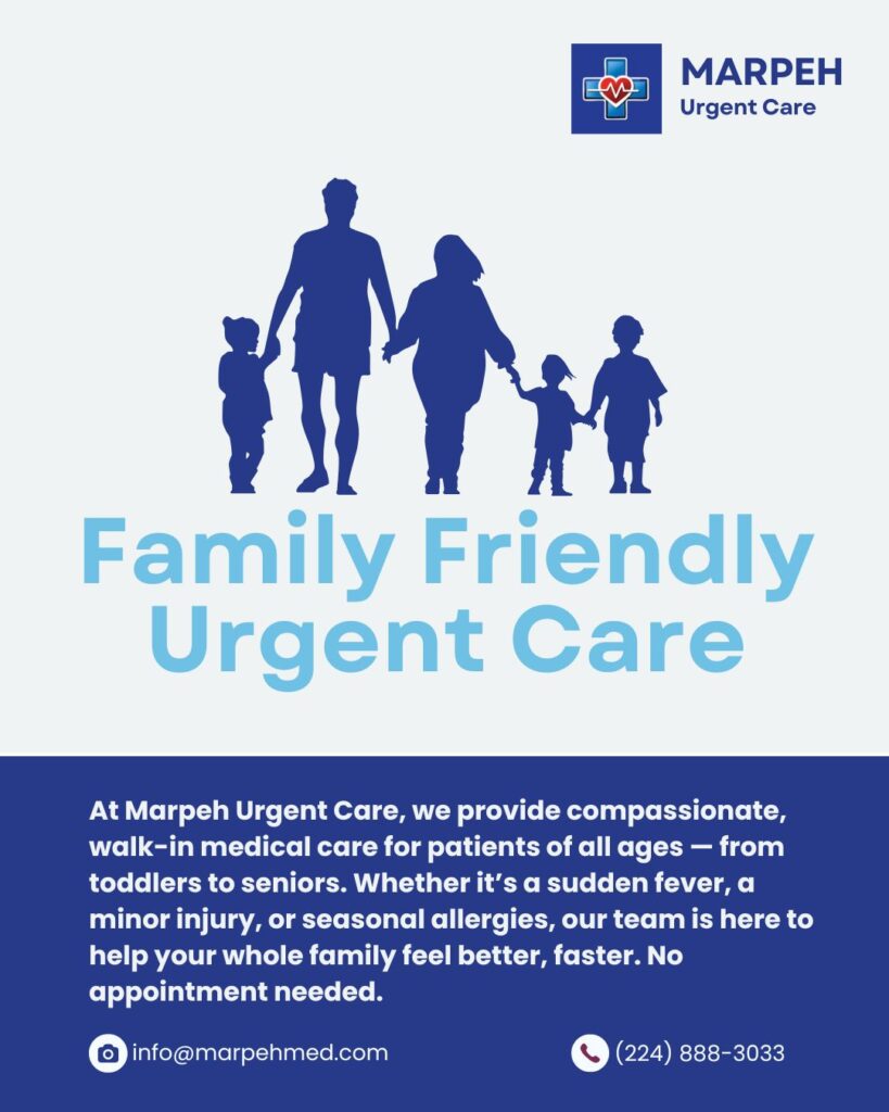 Family-friendly urgent care services at Marpeh Urgent Care in Niles, IL — walk-in medical care for all ages, from toddlers to seniors.