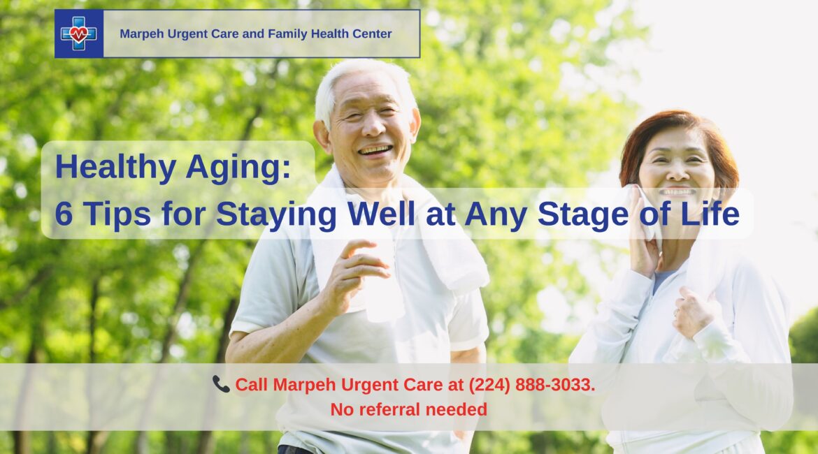 Two active adults enjoying nature after exercise – promoting healthy aging with support from Marpeh Urgent Care in Niles, IL.