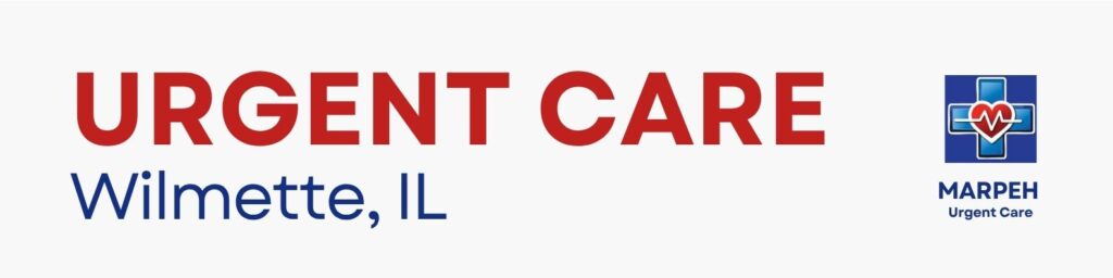 a red and blue text-Urgent Care near Wilmette, IL